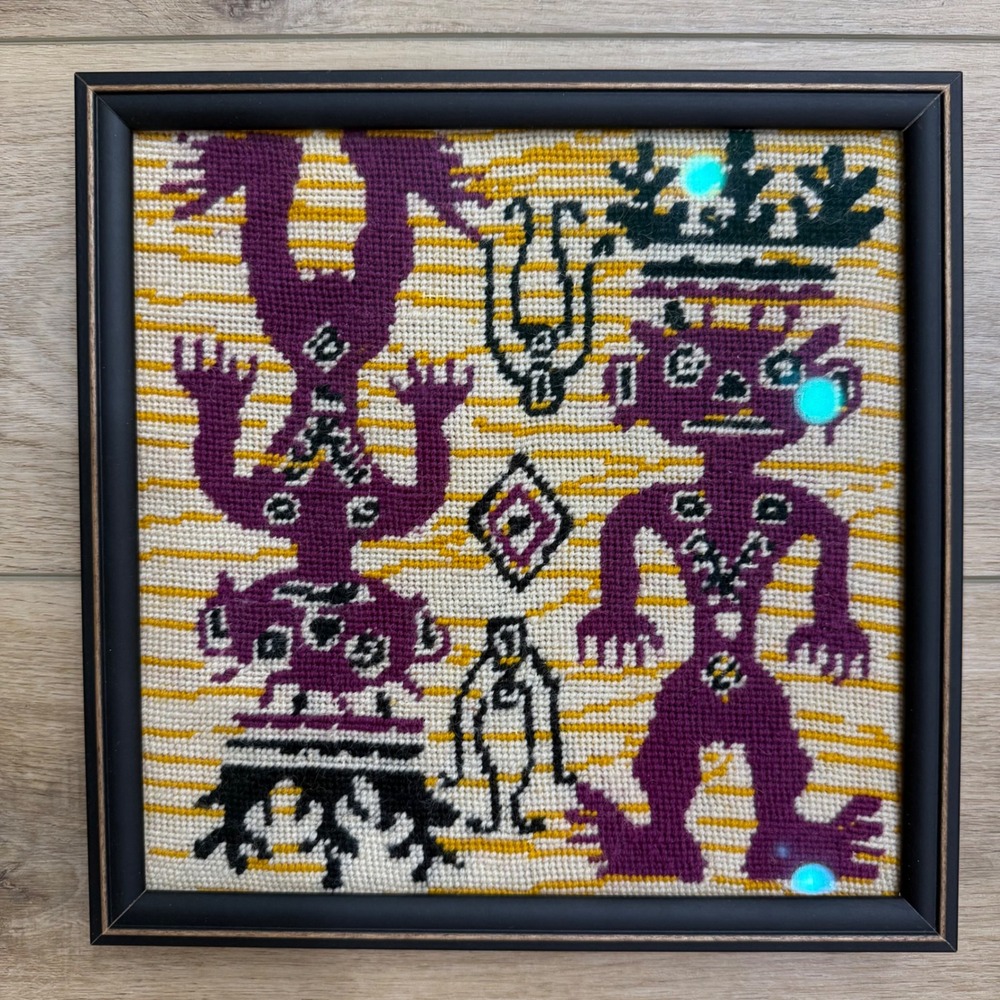 Framed Needlepoint Folk Art‎ Indigenous Figures Purple Gold Black Boho Tribal